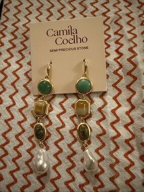 Camila Coelho Green and Gold Semi-Precious Drop Earrings with Pearl